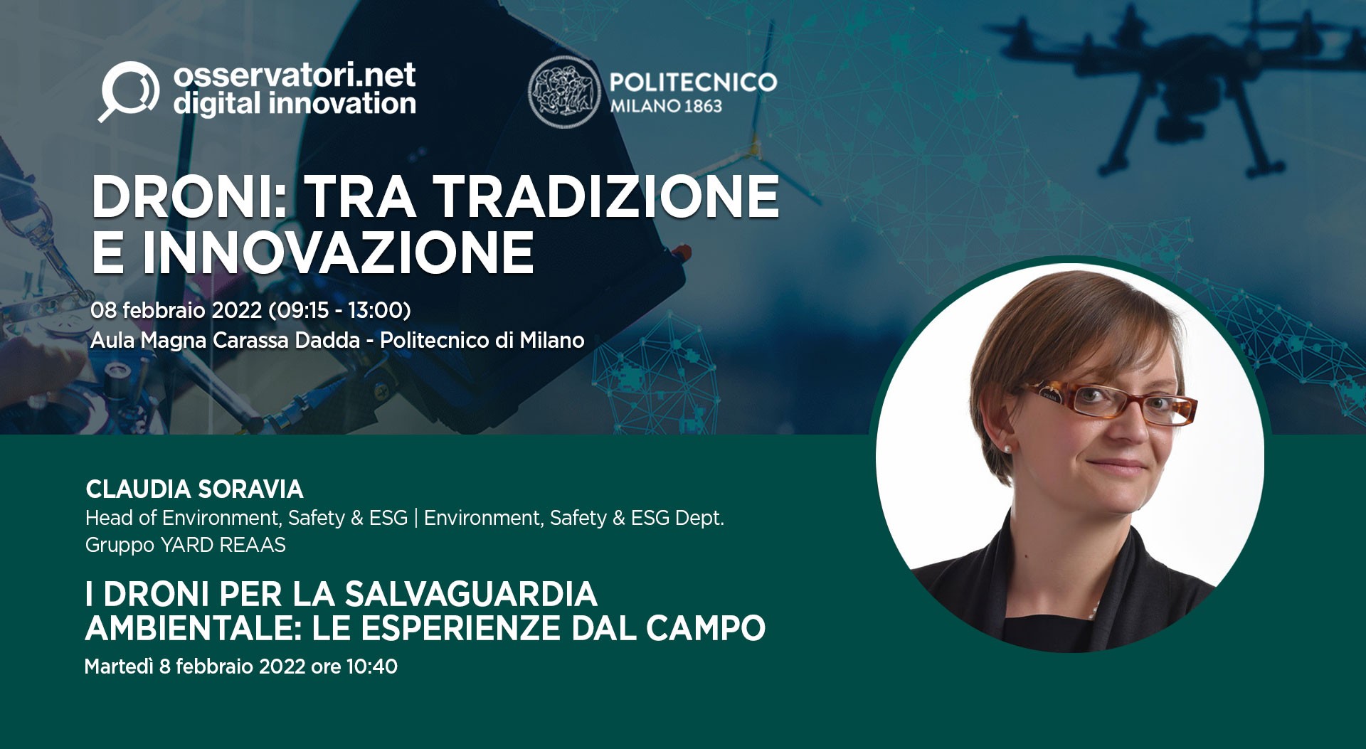Claudia Soravia relatrice al Convegno “Droni, tra tradizione e innovazione” dell'Osservatorio Droni, Politecnico di Milano
